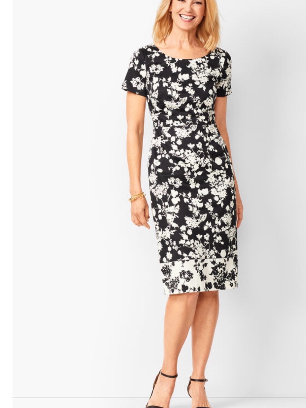 Talbots Classic Black and White Floral bateau cotton Dress Size 10